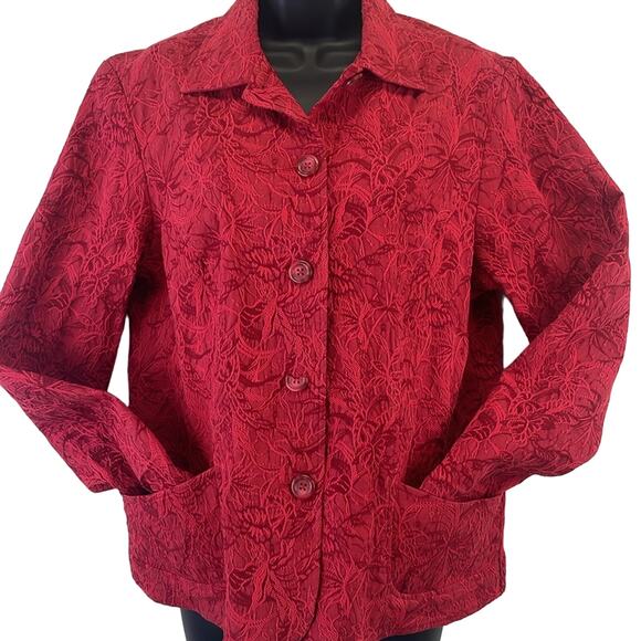 Coldwater Creek Reds Embroidered Floral Detail Comfort Stretch Button Blazer M - Picture 7 of 10
